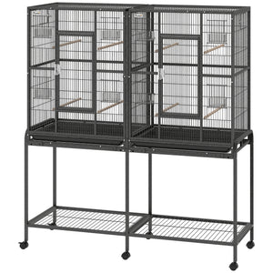 Large double bird cage with removable divider, stand with wheels and accessories – Black