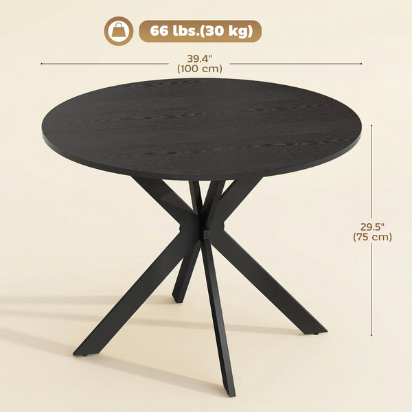 Contemporary round dining table with steel legs, black wood look
