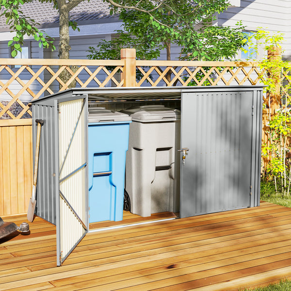 Garden shed with 3 bin compartments, double lockable door and hinged lid, silver grey 