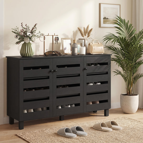 Black shoe cabinet with 2 cupboards and adjustable shelves for 15 pairs, black