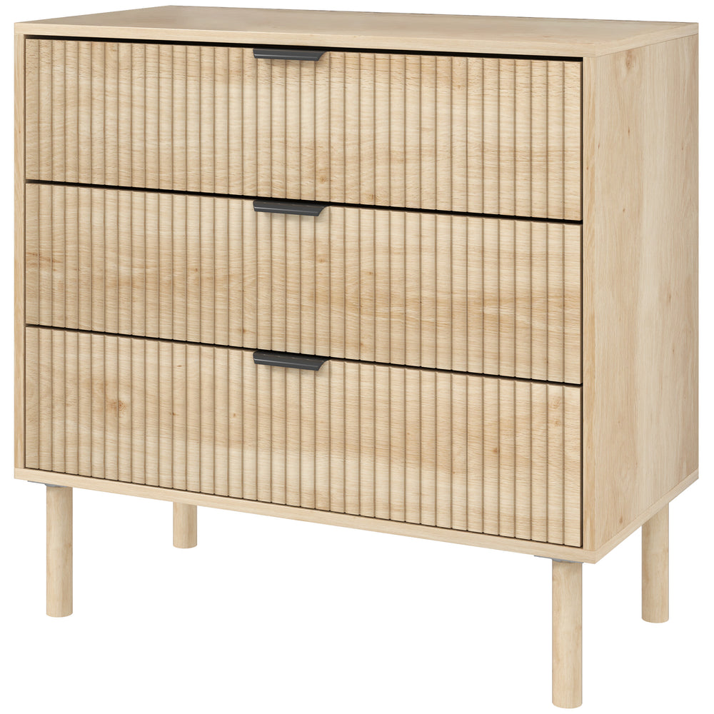 3-drawer bedroom chest of drawers with fluted panels and solid wood legs, oak