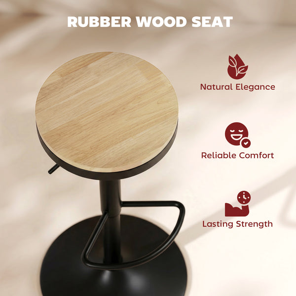 Set of 2 wooden bar stools, swivel and height-adjustable, natural wood and black.