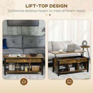 Lift-top coffee table with hidden storage compartment, 3 lower shelves, rustic brown
