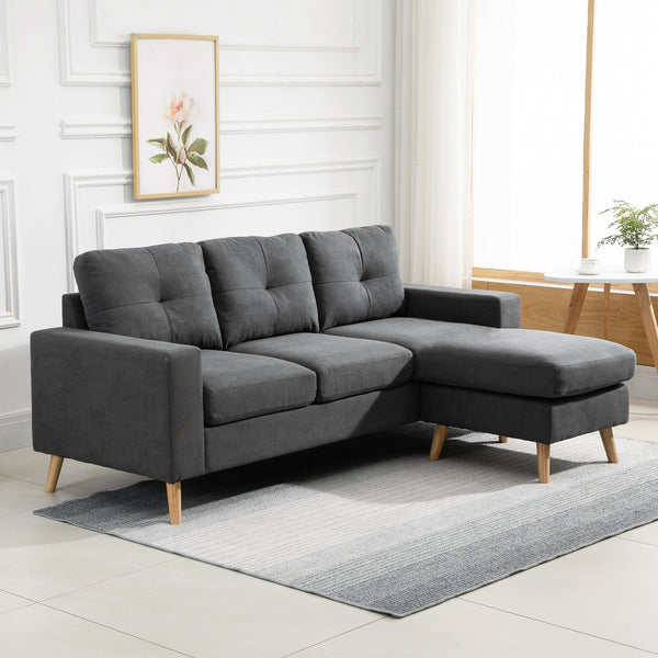 Sectional sofa with reversible chaise longue, wooden legs, dark gray
