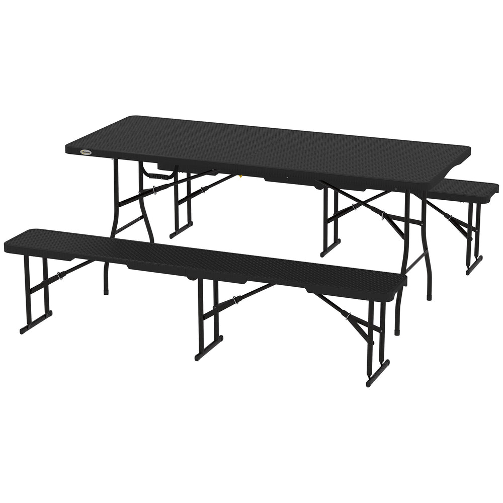 6FT 3PCS Faux Rattan Outdoor Camping Table Bench Set with Carrying Handles, Folding Picnic Table with 2 Benches, Black