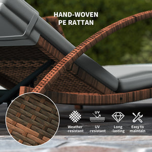 Set of 2 Outdoor Wicker Lounge Chairs with 5-Level Adjustable Backrest, Casters, Cushion and Armrests, Grey