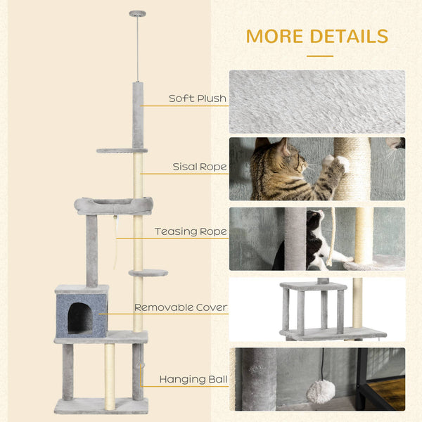 Adjustable Height Cat Tree, Cat Climbing Center with Scratching Posts, Cozy Bed, Grey