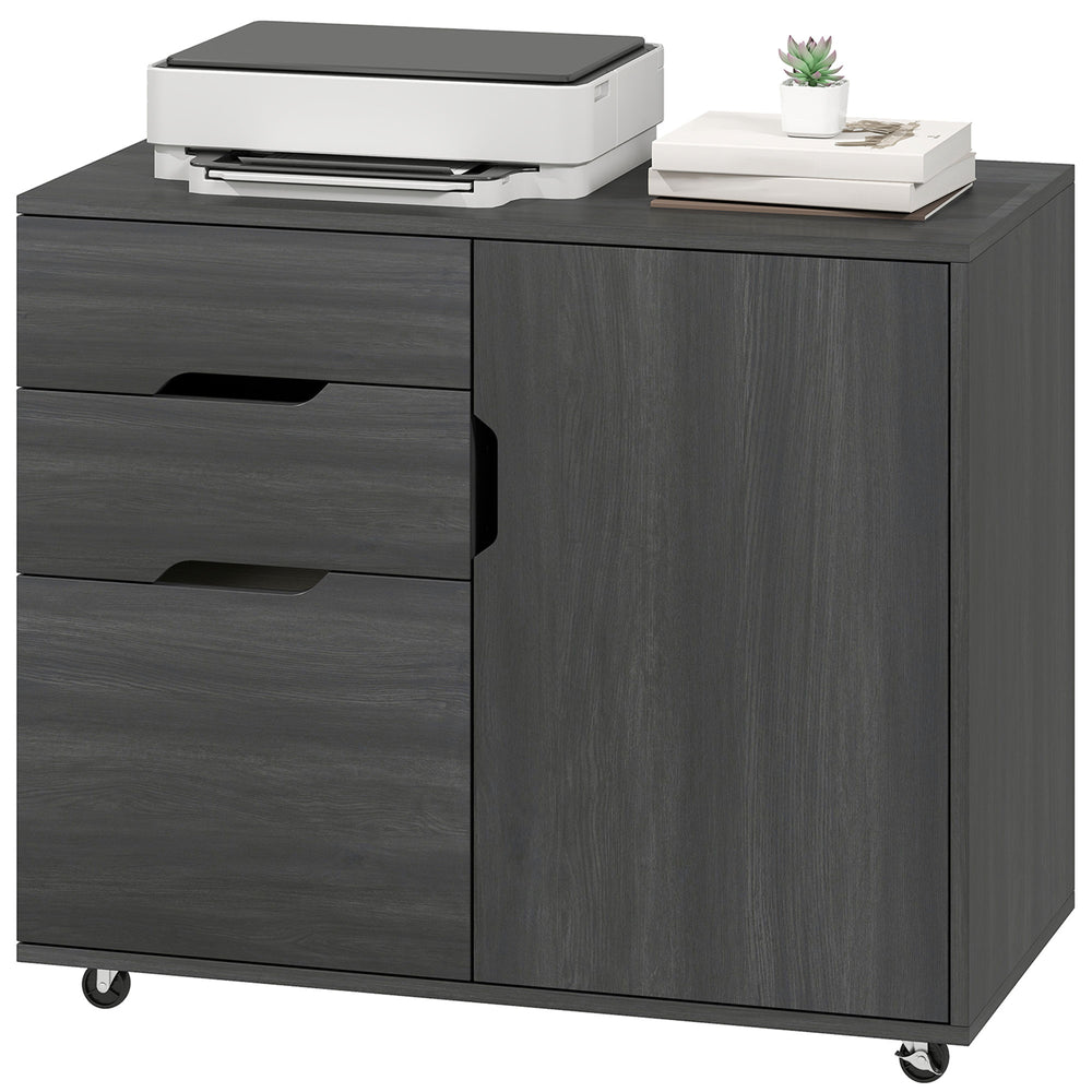 Black wood-effect mobile filing cabinet with file drawer and adjustable storage, dark grey
