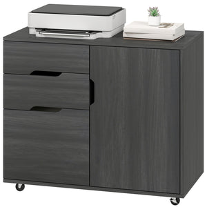 Black wood-effect mobile filing cabinet with file drawer and adjustable storage, dark grey