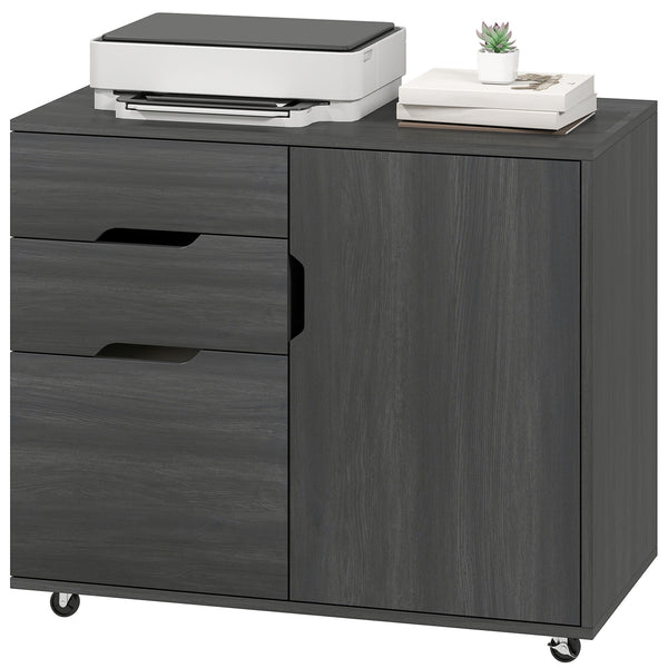 Black wood-effect mobile filing cabinet with file drawer and adjustable storage, dark grey