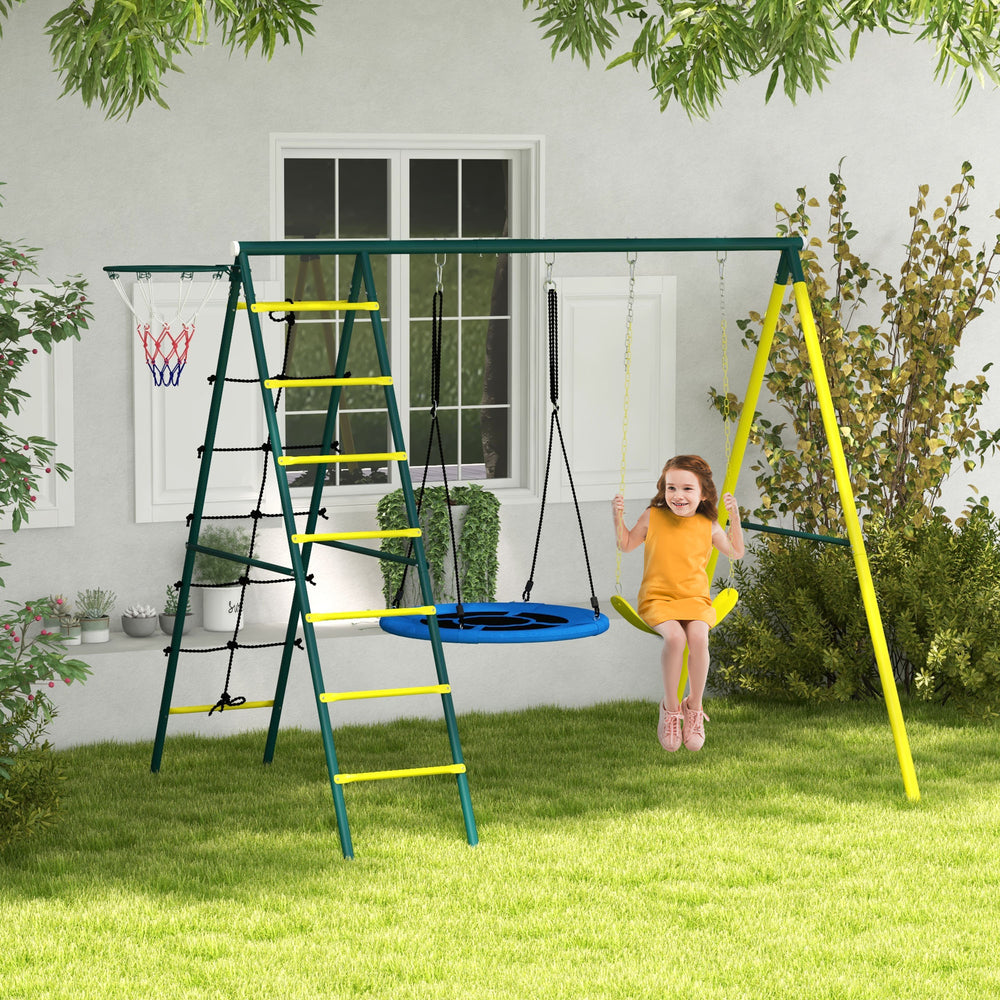 4-in-1 module with saucer swing, seat, climbing ladder/net and basketball hoop