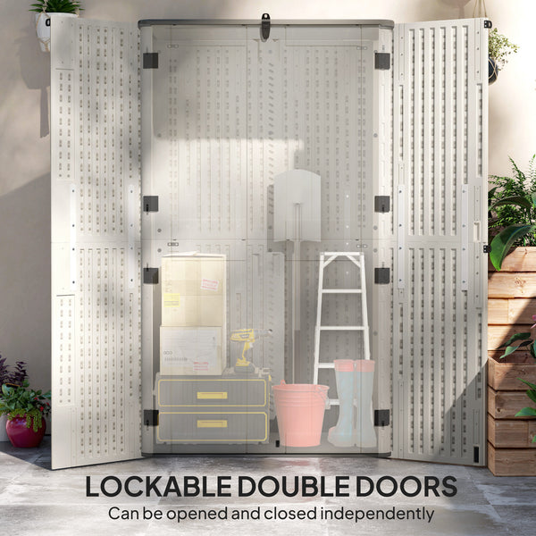 Outdoor storage cabinet with hinged lid and lockable doors