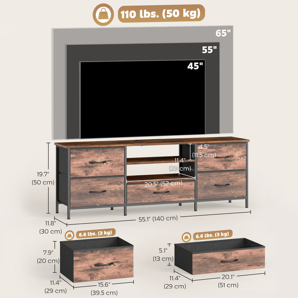 Industrial-style TV stand for TVs up to 65 inches, with charging station, 5 drawers and open shelves, rustic brown