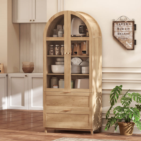 Tall oak-effect pantry with arched doors, drawers, and adjustable shelves