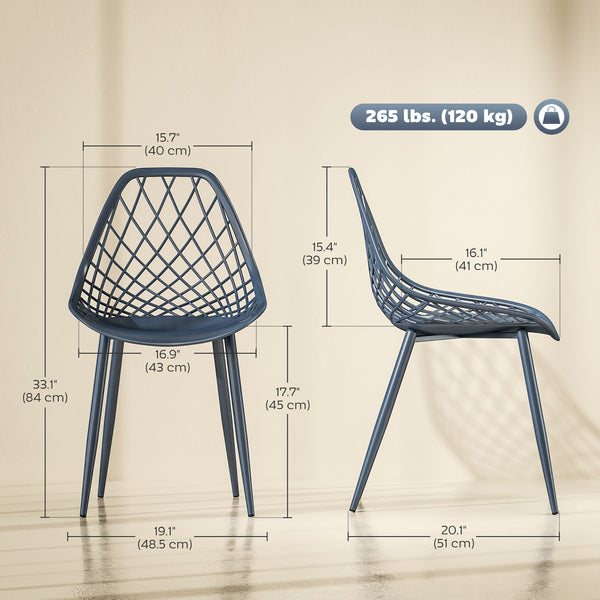 Set of 4 plastic chairs with hollow backrest and metal legs, blue