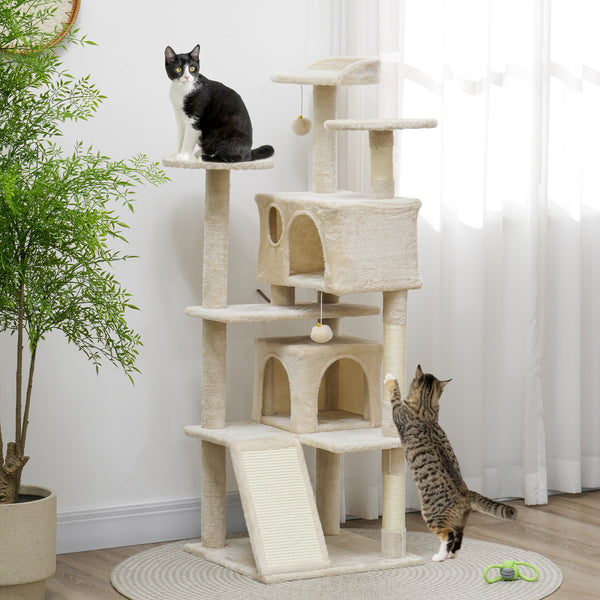 54-inch Multi-Level Cat Tree with Scratching Posts, Condos, Bed, Platforms, Beige