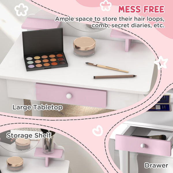 Dressing table with stool, mirror, drawer and storage boxes, rabbit motif, white