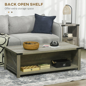 Rustic coffee table with drawer and storage shelf, gray