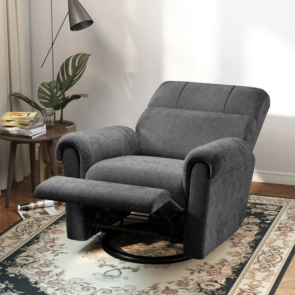 Electric reclining chair, fabric upholstery, USB ports, swivel and rocking function, footrest, dark grey