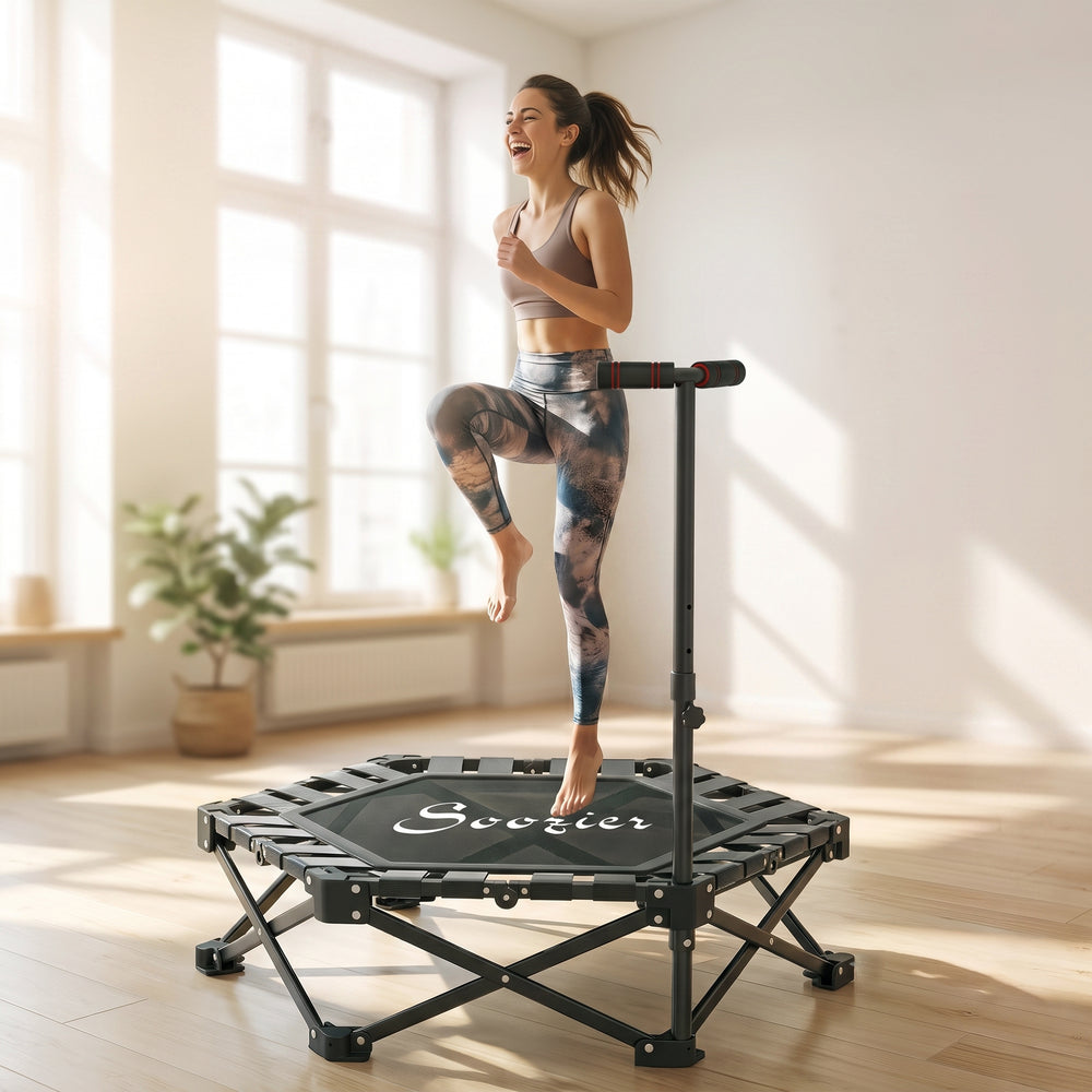 Foldable mini trampoline with adjustable support bar and 400 lb capacity