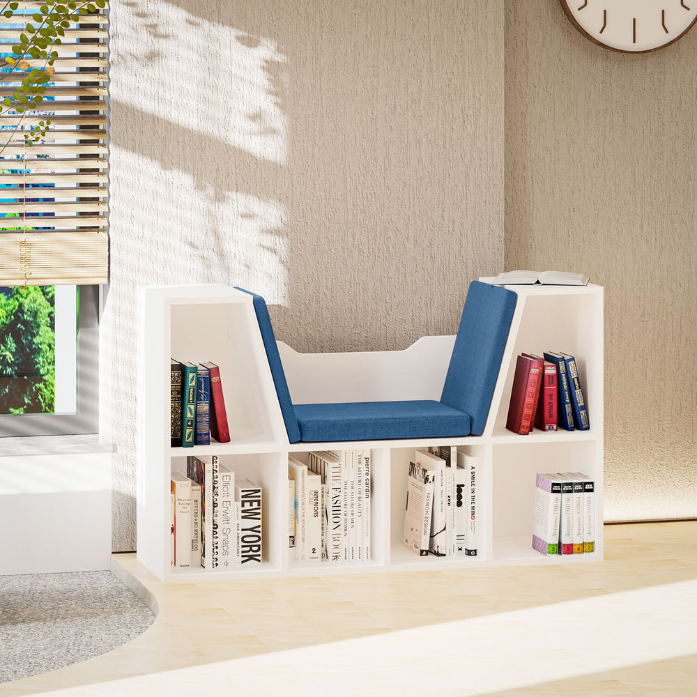 6 Compartment Bookcase with Seat Cushion for Reading Corner, Blue