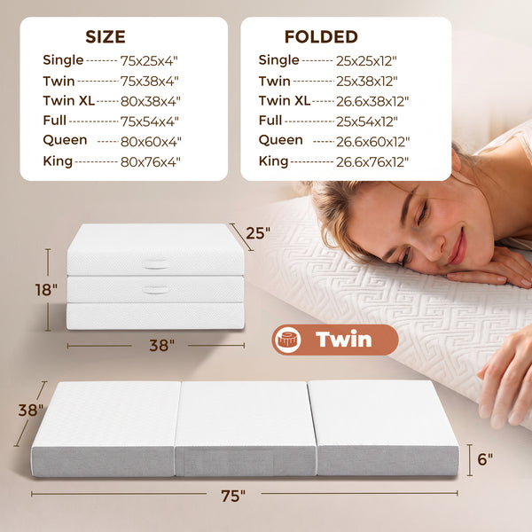 6-inch 3-Section Folding Twin Mattress with Cooling Gel Memory Foam – White and Gray