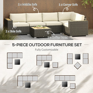 6 Piece Rattan Garden Furniture Set with Corner Sofa, Coffee Table, Wood and Plastic, Light Khaki