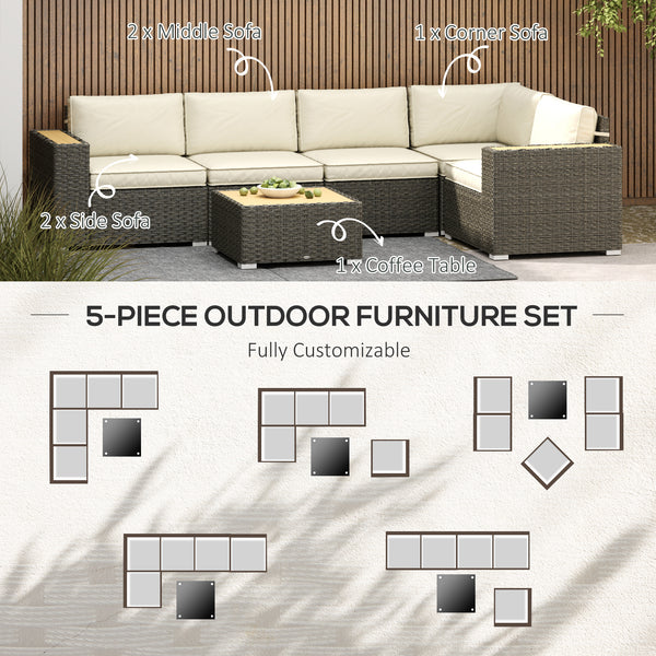 6 Piece Rattan Garden Furniture Set with Corner Sofa, Coffee Table, Wood and Plastic, Light Khaki