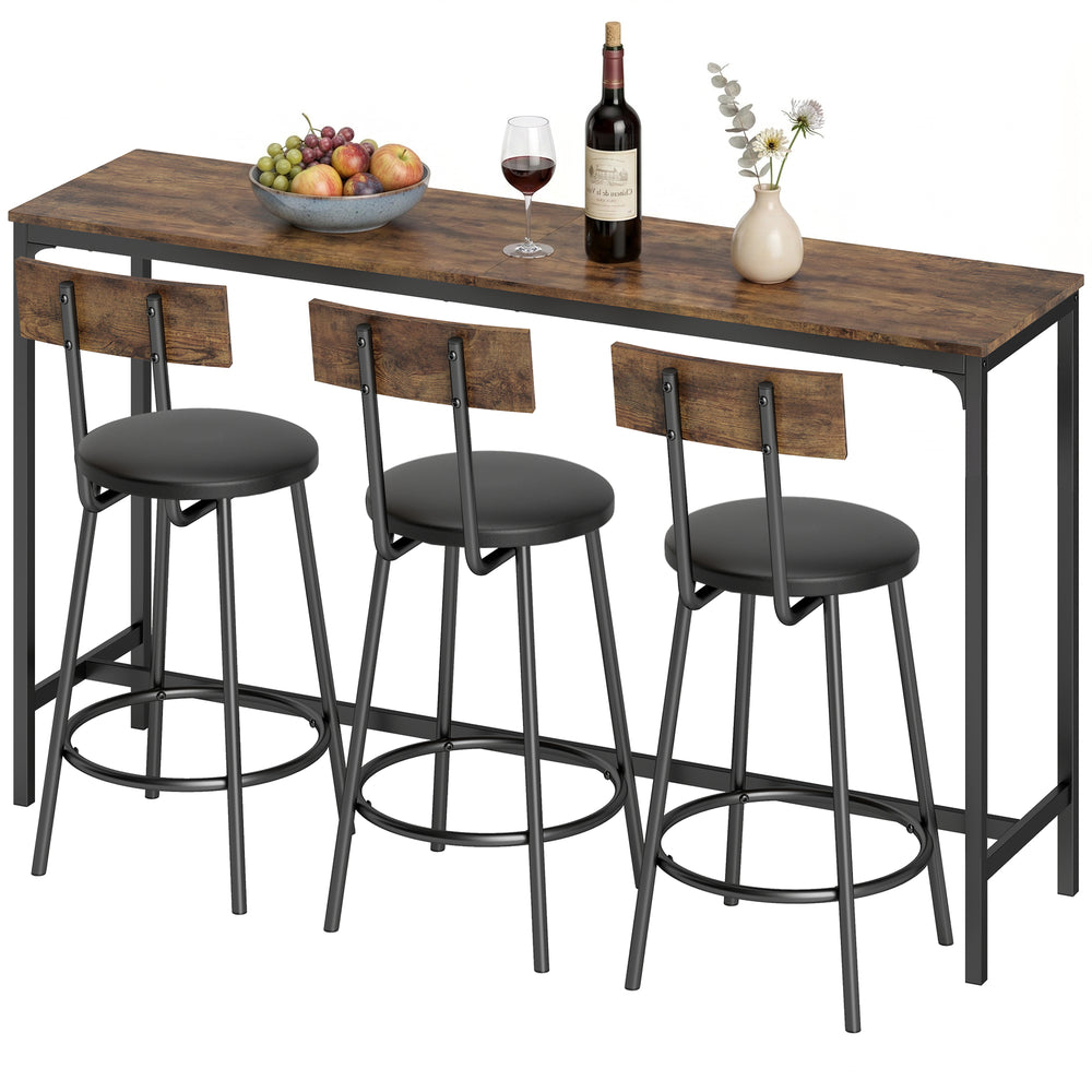 Bar table with 3 padded stools, rustic brown