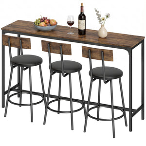 Bar table with 3 padded stools, rustic brown
