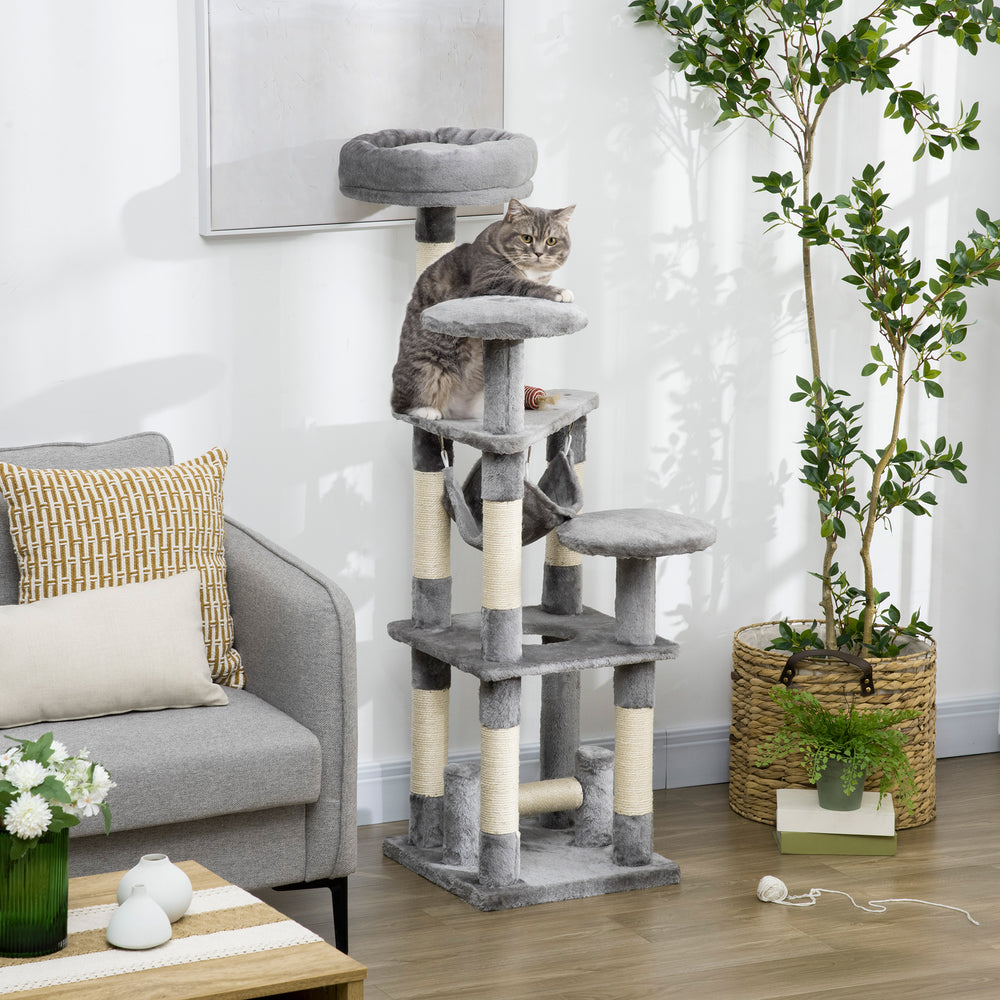 52" Multi-Level Cat Tree, Scratching Post, Playhouse with Hammock - Grey