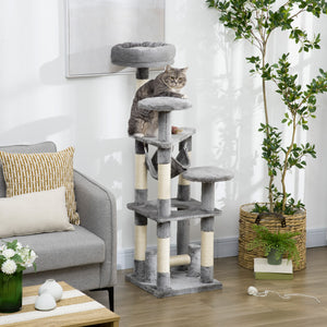 52" Multi-Level Cat Tree, Scratching Post, Playhouse with Hammock - Grey