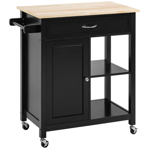 Rolling kitchen trolley with wooden top and drawer, black