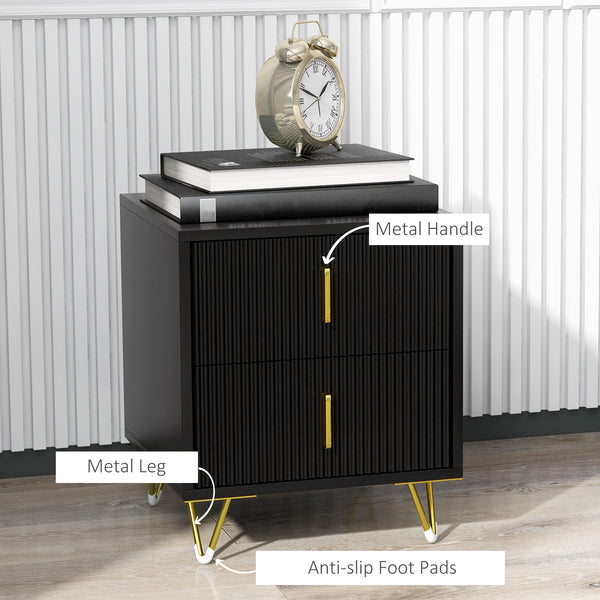 Modern bedside table with 2 drawers and metal legs, black