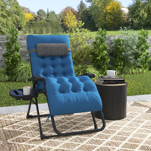 Padded Folding Recliner Chair with Cup Holder, Adjustable Backrest, Removable Cushion, Navy Blue