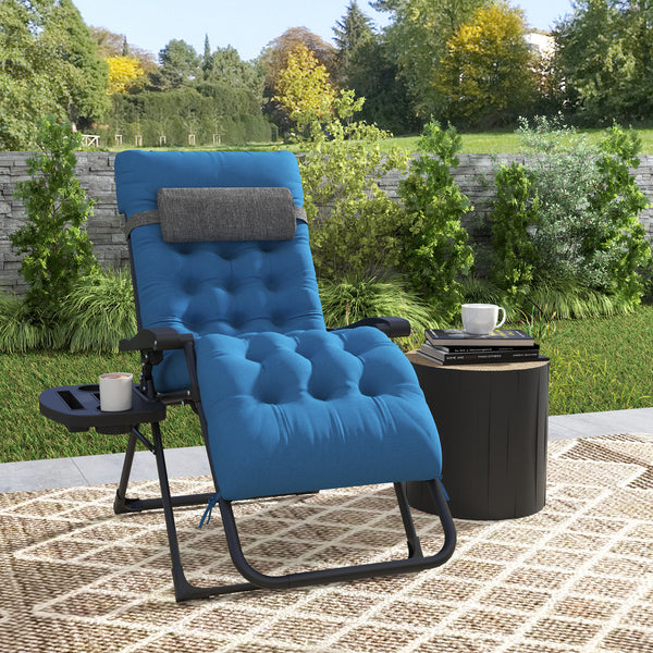 Padded Folding Recliner Chair with Cup Holder, Adjustable Backrest, Removable Cushion, Navy Blue