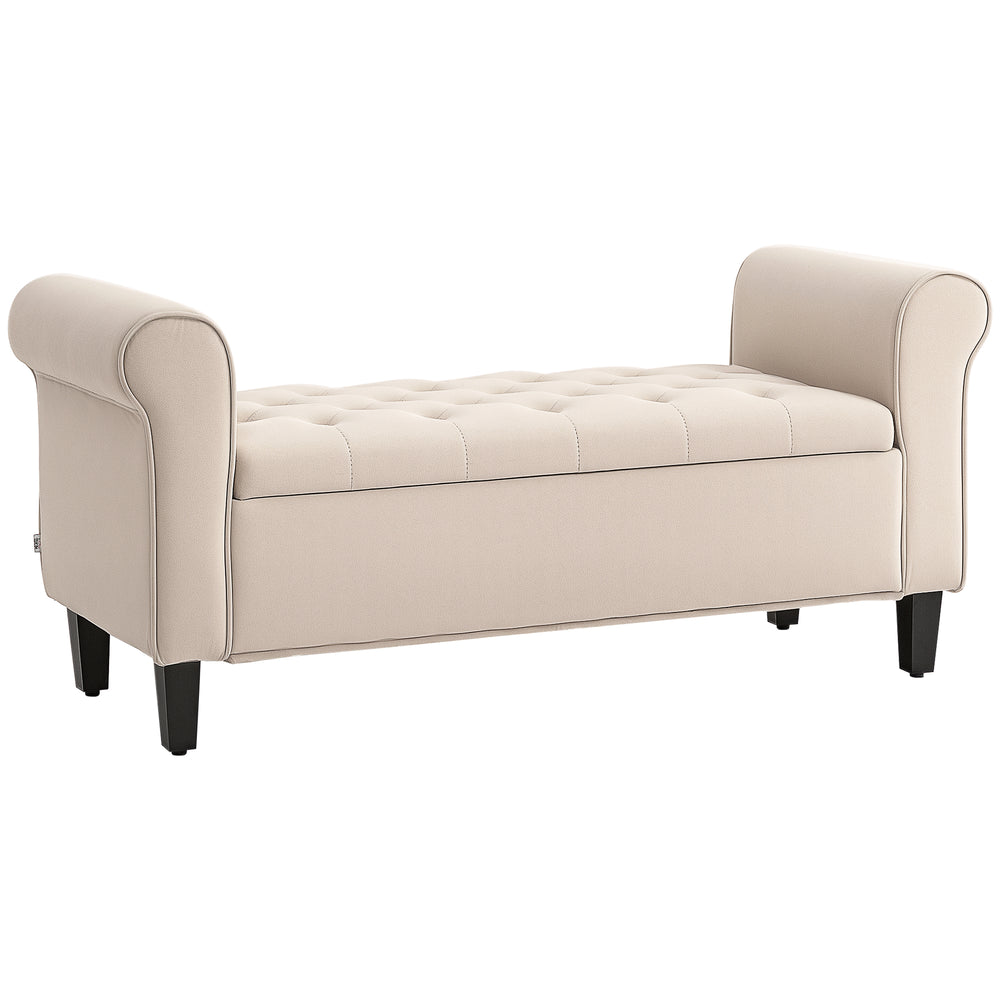 Ottoman storage bench, button-tufted seat and rolled arms – Beige