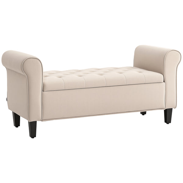 Ottoman storage bench, button-tufted seat and rolled arms – Beige