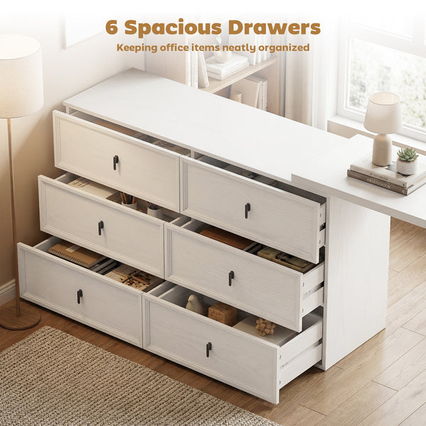 Convertible L-shaped or straight computer desk with 6 drawers and double storage – White wood-effect
