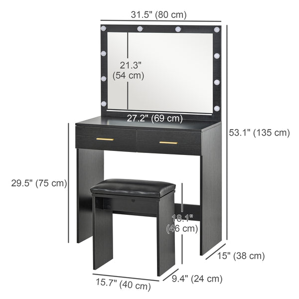 Dressing table with stool, LED illuminated mirror and drawers, black