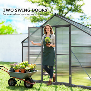 Ground-floor greenhouse with two skylights, gutter and hinged door, dark grey