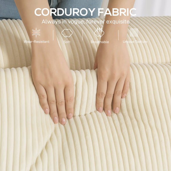 Three-seater corduroy sofa with deep seat, wide armrests, and two cushions, beige.