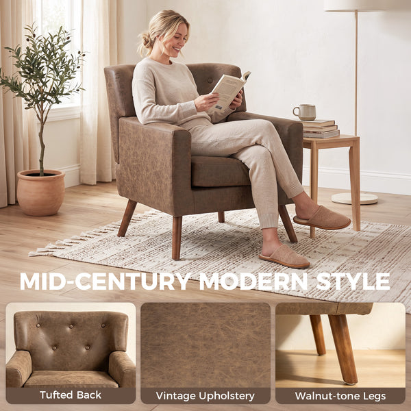 Tufted armchair in brown faux leather, wooden legs