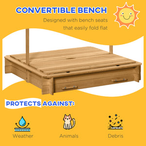 Wooden sandbox with cover, folding benches and adjustable canopy, light brown