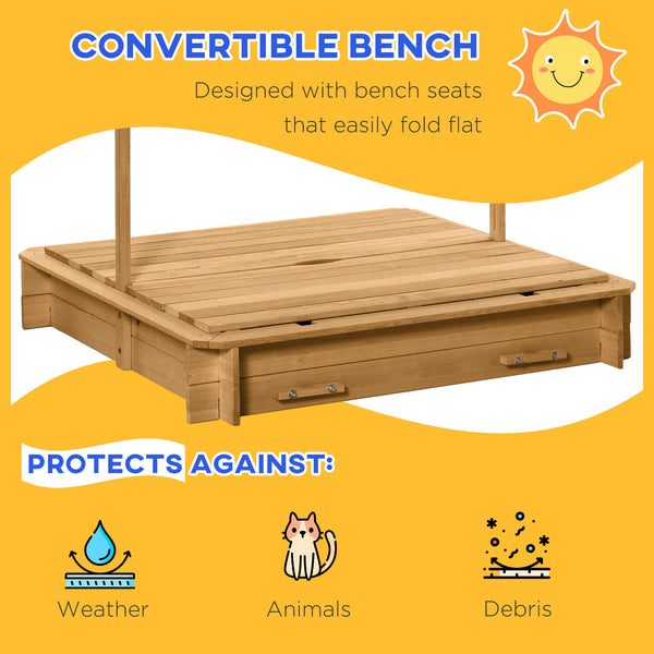 Wooden sandbox with cover, folding benches and adjustable canopy, light brown