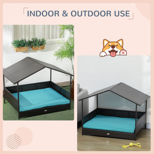 Wicker pet bed with soft cushion and washable cover, blue