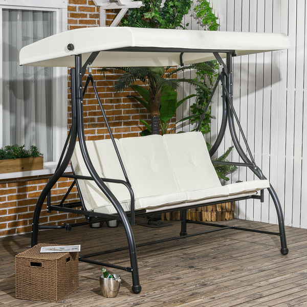 Convertible swing chair with canopy and cushions, 3-seater, cream white
