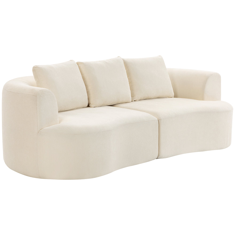 Three-seater sofa in chenille without frame, wide seat, spring cushions, high-density foam, 3 cushions, cream white