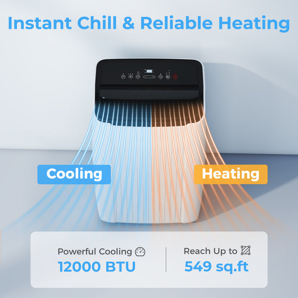 12,000 BTU 5-in-1 Portable Air Conditioner with Cooling, Heating, Dehumidifying, Fan, Sleep Mode, Wi-Fi Voice Control, White