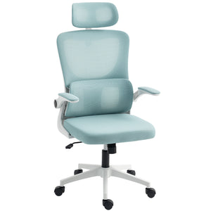 High-back mesh office chair with swivel headrest, light blue